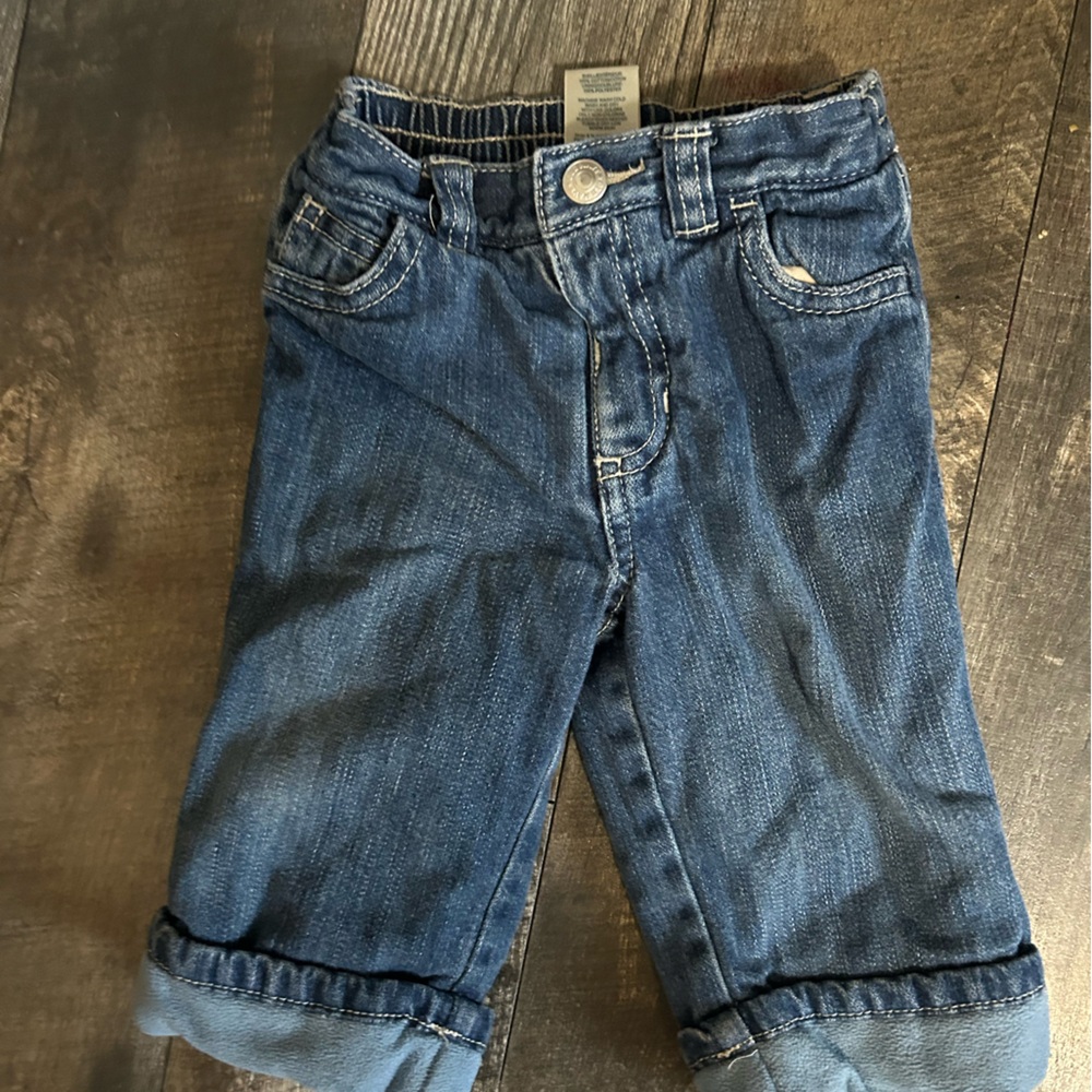 Old navy blue denim light blue fleece lining 6-12 months